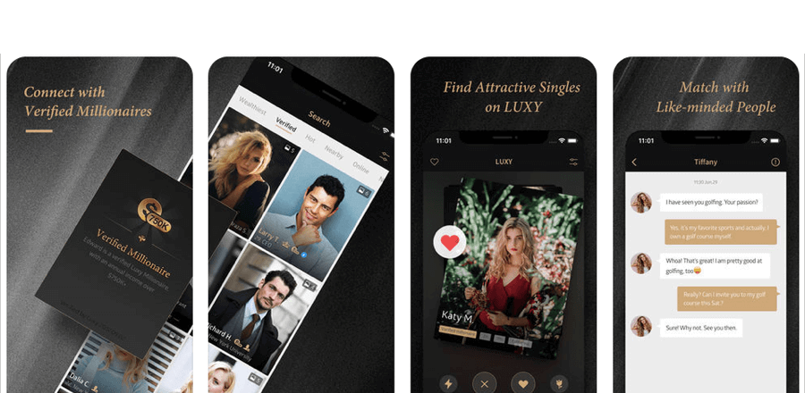 Luxy app screens showing member verification and dating features